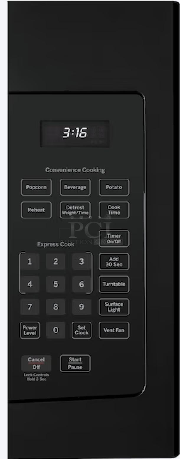 GE 1.6 Cu. Ft. Over-the-Range Microwave, Model JVM3160DFBB, black keypad with digital display and convenience cooking options.