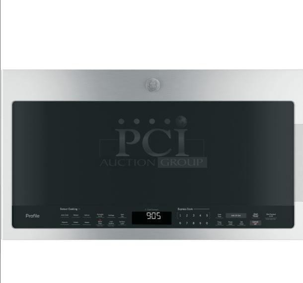 GE Profile™ 2.1 Cu. Ft. over-the-range sensor microwave oven, model PVM9005SJSS, stainless steel, keypad visible.