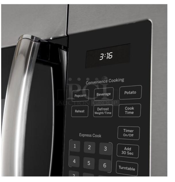 GE 1.6 cu. ft. over-the-range microwave, model JVM3160RFSS, with convenience cooking controls and digital display.