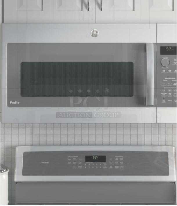 GE Profile 2.1 cu. ft. over-the-range microwave, model PVM9215SKSS, stainless steel finish, sensor cooking.