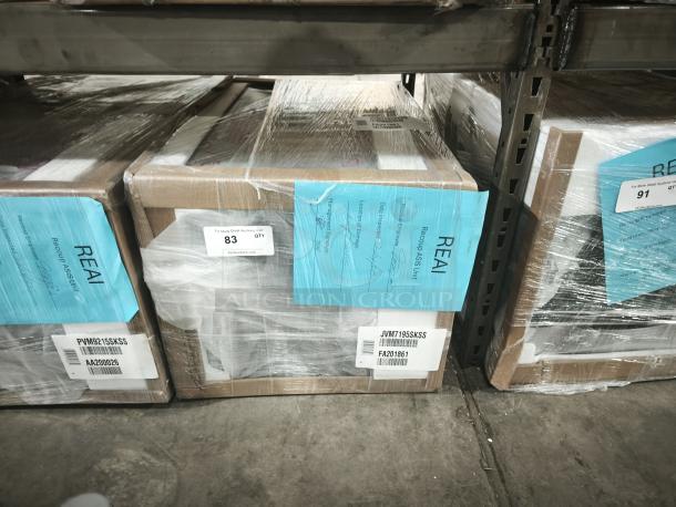 GE 1.9 Cu. Ft. Over-the-Range Sensor Microwave, model JVM7195SKSS, new in box, visible label and shipping info.