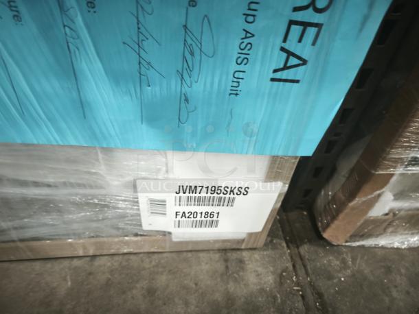 GE 1.9 Cu. Ft. Over-the-Range Sensor Microwave Oven, Model JVM7195SKSS, in packaging. Visible label with model and code FA201861.