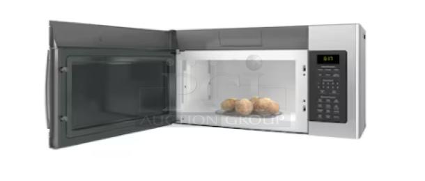 GE 1.9 cu. ft. Over-the-Range Sensor Microwave, model JVM7195RWSS, stainless steel, open door, with potatoes inside, digital display showing 6:11.