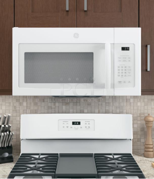 GE 1.6 Cu. Ft. Over-the-Range Microwave Oven, Model JNM3163DJWW, White finish, digital controls, recirculating venting.