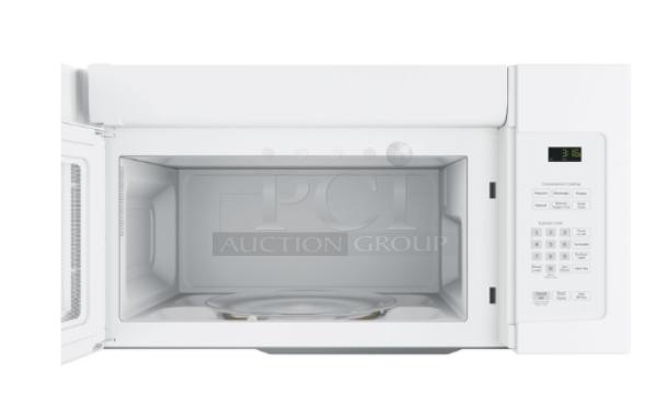 GE 1.6 Cu. Ft. Over-the-Range Microwave JNM3163DJWW, white, with recirculating venting. Open door showing interior and controls.