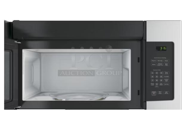 GE 1.6 cu. ft. Over-the-Range Microwave Oven, Model JNM3163RJSS, stainless steel, open door showing interior and control panel.