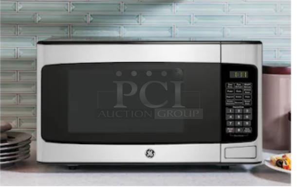 GE 1.1 cu. ft. stainless steel countertop microwave oven, model GCST11N1WSS, with digital panel and sleek design.