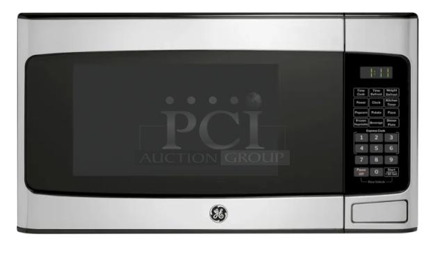 GE 1.1 cu. ft. countertop microwave oven, model GCST11N1WSS, stainless steel finish, visible control panel, mint condition.