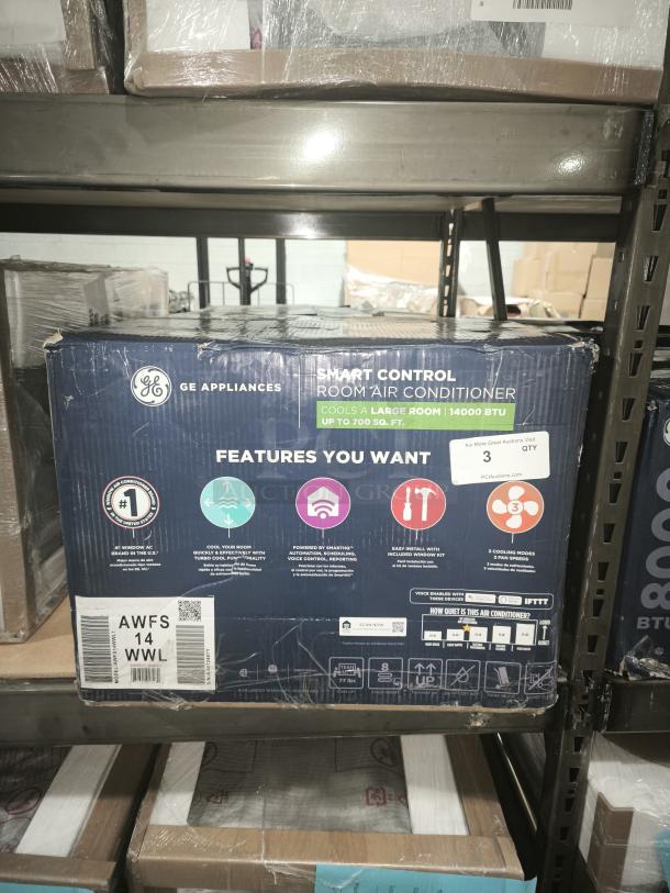 BRAND NEW GE 14,000 BTU Smart Electronic Window Air Conditioner, Model AWFS14WWL, for rooms up to 700 sq. ft, in box.