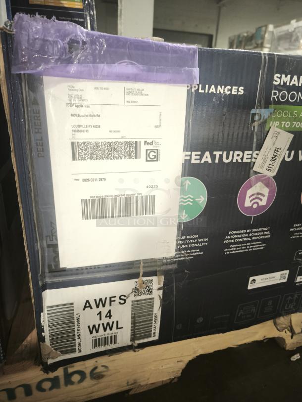 GE® 14,000 BTU Smart Electronic Window Air Conditioner in box, Model AWFS14WWL, for rooms up to 700 sq. ft. Shipping labels visible.