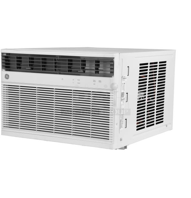 GE 8,000 BTU Smart Heat/Cool Window AC, Model AWGH08WWF. Features electronic controls, vents, and side grill. New condition.