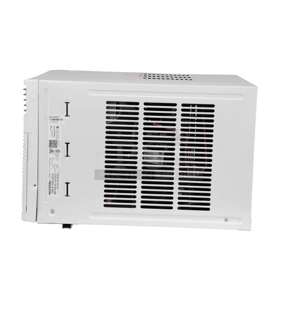 GE® 8,000 BTU Smart Heat/Cool Window AC, Model AWGH08WWF, side view showing vents and label with details.