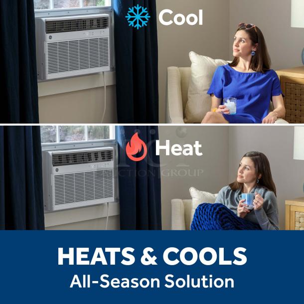 GE® 8,000 BTU Smart Heat/Cool Window Air Conditioner, model AWGH08WWF. Features heat and cool modes. All-season use.