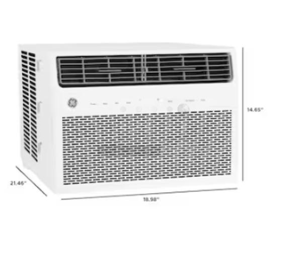 GE 8,000 BTU window air conditioner, model AWFS08WWL. Suitable for 350 sq. ft. rooms. Smart electronic controls.