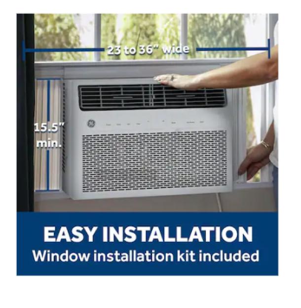 GE® 8,000 BTU Smart Electronic Window Air Conditioner, Model AWFS08WWL, fits 23"-36" wide windows, includes installation kit.
