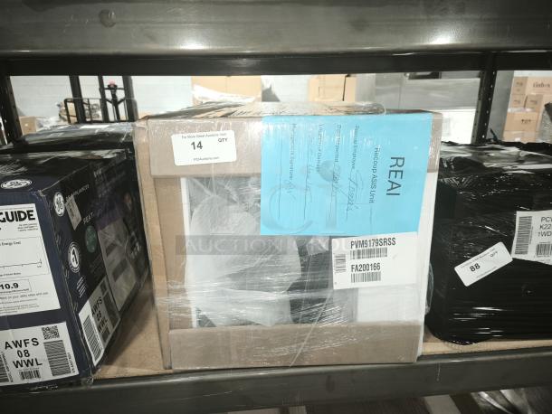 Brand new GE Profile™ 1.7 Cu. Ft. Convection Over-the-Range Microwave Oven, model PVM9179SRSS, in packaging with tags.