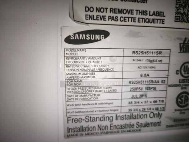 Samsung 24.5 Cu. Ft. Side-by-Side Refrigerator, model RS25H5111SR, label showing specifications and manufacturing details.