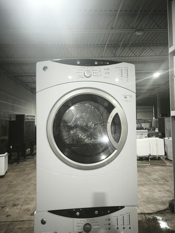 GE 7.0 Cu. Ft. Super Capacity Electric Dryer, Model DCVH515EF0WW, white, front-loading, control panel visible, good condition.