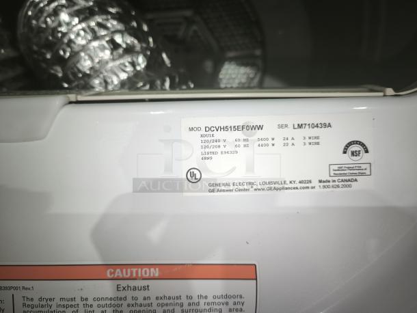 GE 7.0 Cu. Ft. Super Capacity Electric Dryer, Model DCVH515EF0WW, features label, UL certified, in good condition.