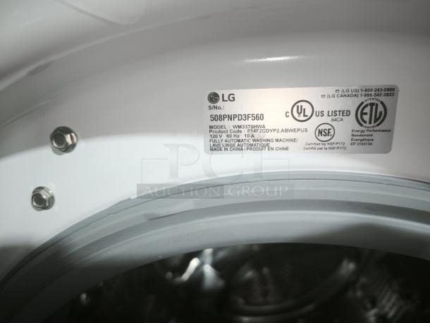 LG Model WM3370HWA washer label, showcasing UL and NSF certifications. Features steam technology and 4.3 cu. ft. capacity.