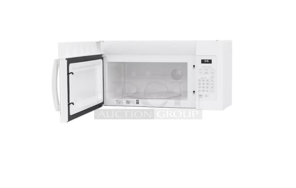 GE® 1.6 Cu. Ft. white over-the-range microwave, model JVM3160DFWW, with convenience cooking controls, open door view.