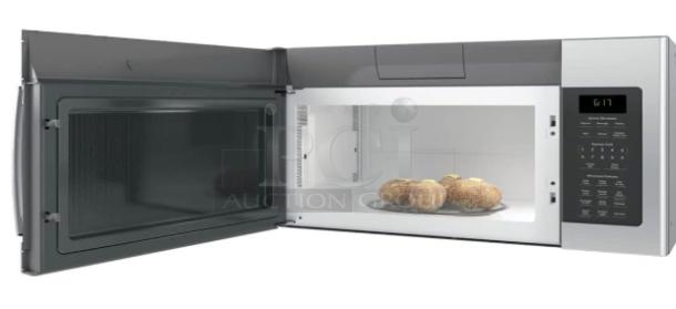 BRAND NEW GE® 1.7 Cu. Ft. Over-the-Range Microwave, Model JVM6175YKFS, in Fingerprint-Resistant Stainless Steel. Open door view.