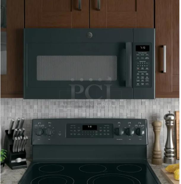 GE® 1.9 Cu. Ft. Over-the-Range Sensor Microwave Oven, Black, Model JVM7195DKBB, with digital display and control panel.