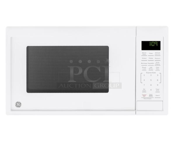 GE 0.9 Cu. Ft. countertop microwave oven, white, model GCST09N1WWW. Features digital display and control panel.