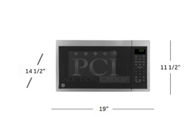 GE® 0.9 Cu. Ft. Countertop Microwave Oven, Model GCST09N1WSS, 19"W x 14.5"D x 11.5"H, digital display, stainless steel finish.