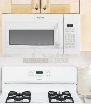 Hotpoint RVM5160DHWW 1.6 cu. ft. over-the-range microwave oven in white, digital display, control panel, above stove placement.