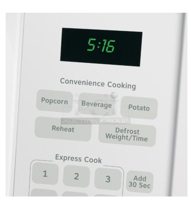 Hotpoint® RVM5160DHWW microwave control panel with LED time display and convenience cooking buttons in white.