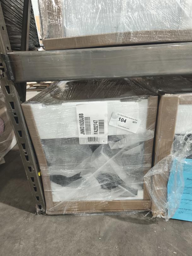GE 1.6 Cu. Ft. Over-the-Range Microwave Oven, Model JNM3163DJBB, new in packaging, recirculating venting, SKU visible.