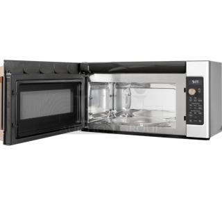 GE® 1.6 Cu. Ft. Over-the-Range Microwave Oven, model JVM3162RJSS, stainless steel, open door showing interior and control panel.