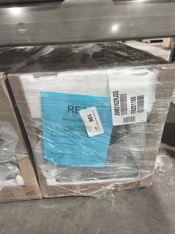 GE® 1.6 Cu. Ft. Over-the-Range Microwave Oven, Model JVM3162RJSS, wrapped with signage indicating inspection and recoup details.