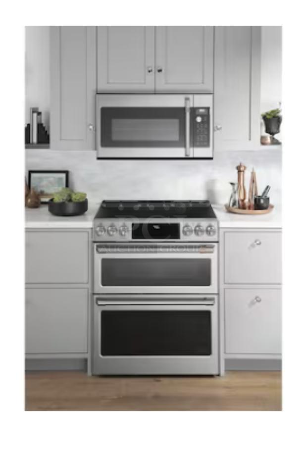 BRAND NEW CAFE™ 2.1 Cu. Ft. Over-the-Range Microwave Oven, Model CVM521P2MS1, in modern kitchen setting.