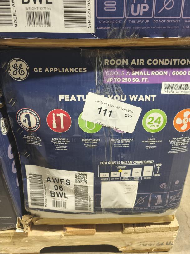 Brand new GE® 6,000 BTU window air conditioner, model AWFS06BWL. Cools up to 250 sq ft. Scratch and dent condition.