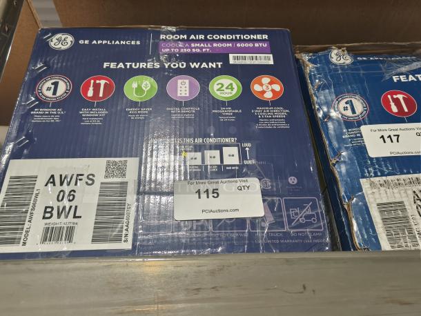 Brand new GE 6,000 BTU window air conditioner, model AWFS14WWL, for 250 sq ft rooms, scratch and dent condition.
