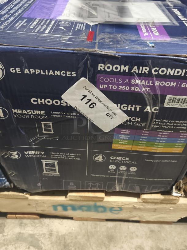 BRAND NEW GE 6,000 BTU Window Air Conditioner, Model AWFS06BWL, for rooms up to 250 sq ft. Box shows scratch and dent.