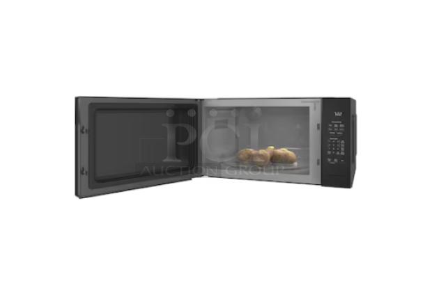 BRAND NEW GE Profile™ 2.2 Cu. Ft. microwave oven, model PCWK22U1WDD, black, with open door showing potatoes inside.