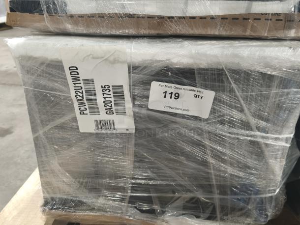 BRAND NEW SCRATCH AND DENT GE Profile™ 2.2 Cu. Ft. Built-In Sensor Microwave Oven, model PCWK22U1WDD, wrapped in packaging with visible labels.