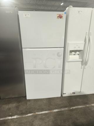 Criterion® fridge, model 453-8090, white, top-freezer design, excellent condition, visible sticker and auction tag.