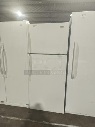Roper RT18BKXKQ00 refrigerator/freezer, white, top-freezer design, visible handles, moderate wear, auction item number 29.