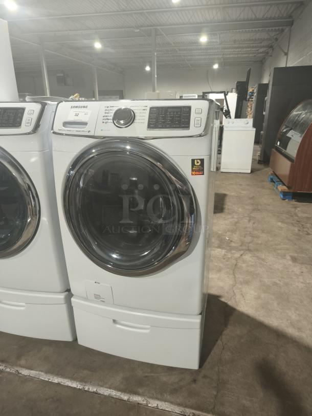 SAM: 27" Samsung front load washer, model WF45H6300AW/A2. Features Energy Star, 13 wash cycles, Steam, SuperSpeed. White.