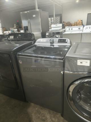 Maytag 27" 5.4 Cu. Ft. Smart Top Load Washer MVW6230HC2, gray, extra power button, slight wear, visible label.