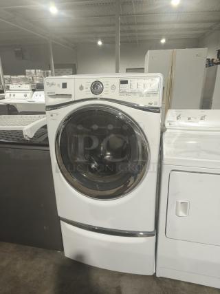 Whirlpool WFW94HEAW front-load washer in white, large drum, digital controls, Energy Star certified, in excellent condition.