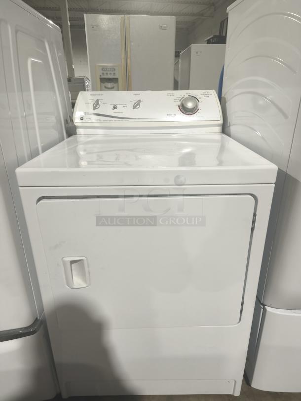 Maytag MDE3757AYW electric dryer, white, with control knobs, in good condition, visible minor scratches on door.
