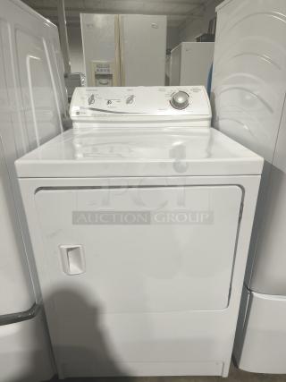 Maytag MDE3757AYW electric dryer, white, with control knobs, in good condition, visible minor scratches on door.