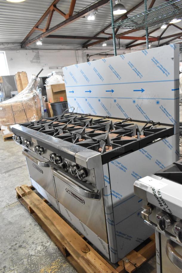 BRAND NEW 2021 Southbend 4601DD stainless steel 10-burner gas range with 2 ovens and backsplash, in warehouse setting.