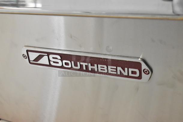 Southbend 4601DD stainless steel logo on a brand new 2021 commercial gas range with 10 burners, 2 ovens, and backsplash.