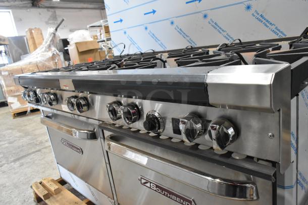 BRAND NEW 2021 Southbend 4601DD stainless steel 10 burner range with 2 ovens, back splash, and natural gas power.